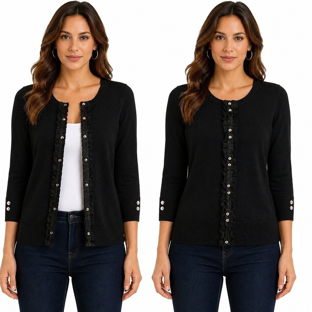 WHBM Womens Small Cardigan Black Ruffle Trim 3/4 Sleeve Silver Button Sweater